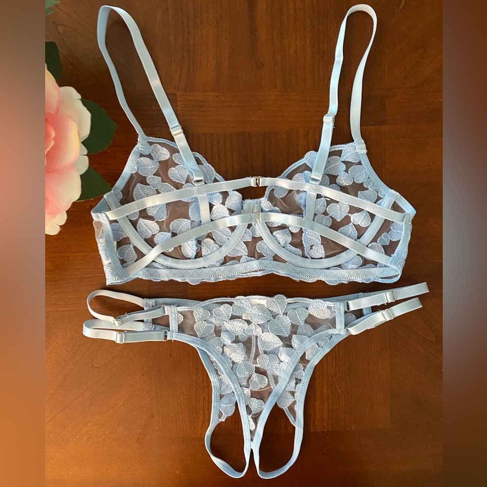 Light Blue Hearts Mesh Lingerie Set Small - Picture 4 of 5
